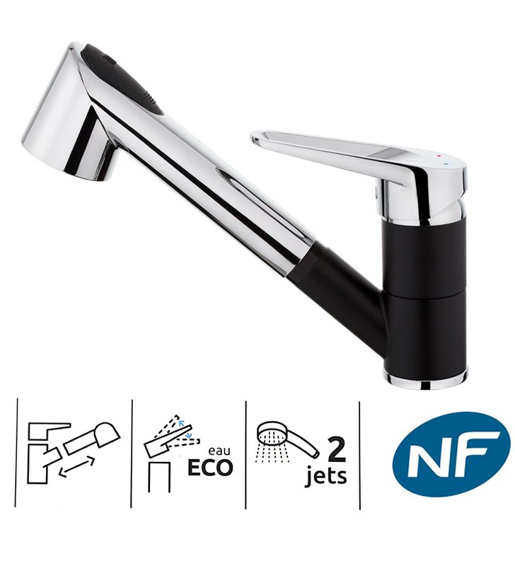Robinet de cuisine mitigeur noir et chrome pour évier 19 cm avec douchette extensible