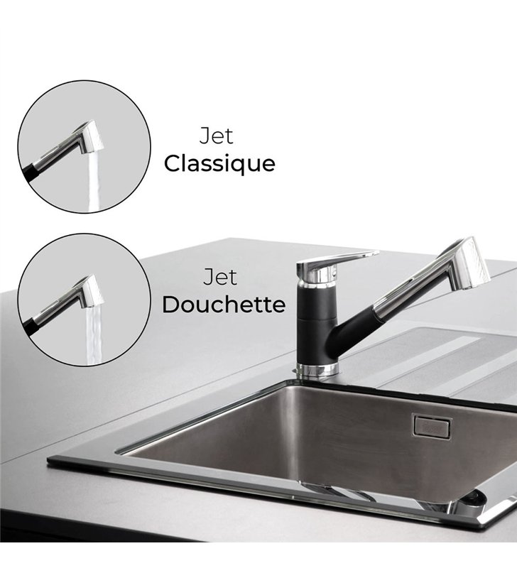 Robinet de cuisine mitigeur noir et chrome pour évier 19 cm avec douchette extensible