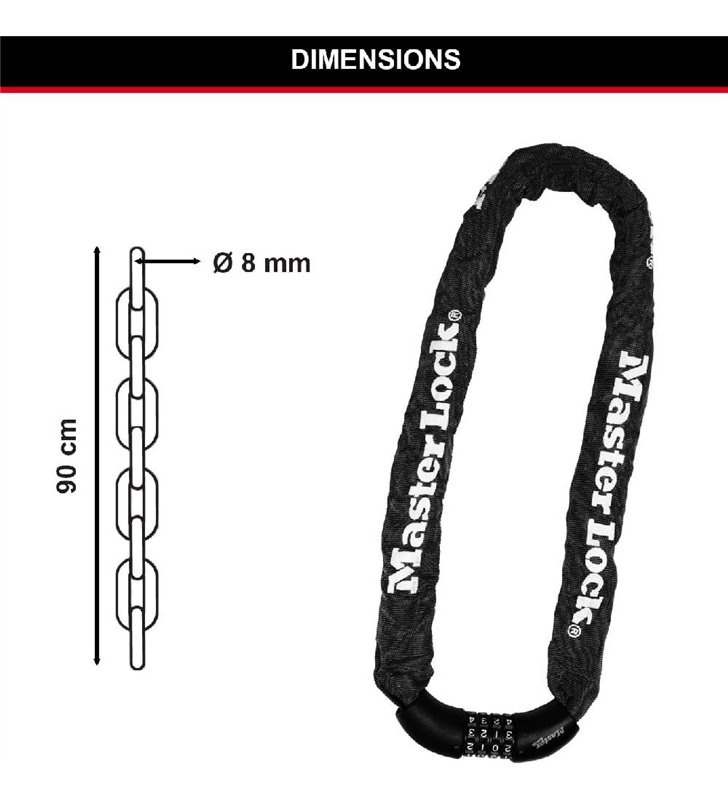 Chaine Antivol Velo a Combinaison Master Lock 8392EURDPRO – Acier Cemente 8mm, 90cm