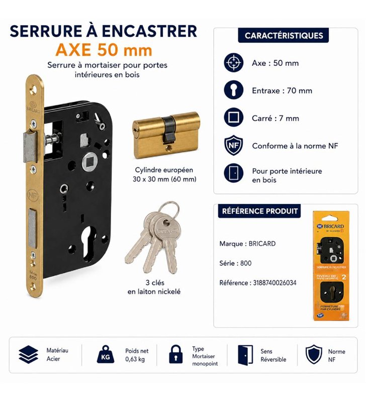 Serrure a Encastrer Bricard 2607 Cylindre Europeen Axe 50mm Tetiere Laitonnee Porte d'Entree