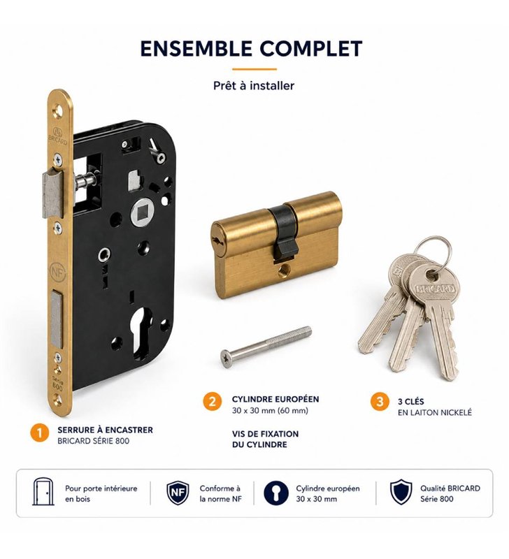 Serrure a Encastrer Bricard 2607 Cylindre Europeen Axe 50mm Tetiere Laitonnee Porte d'Entree