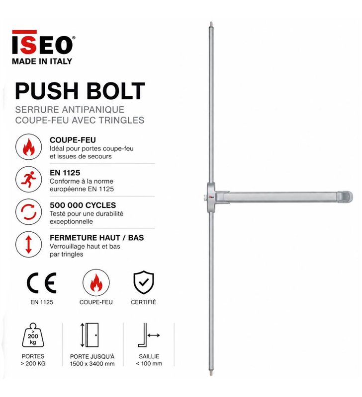 Barre Antipanique ISEO Push Bolt CF – 2 Points Coupe-Feu Penes Retractables Aluminium