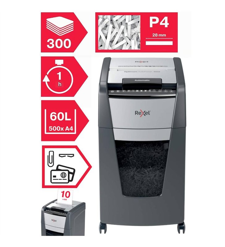 Rexel Optimum AutoFeed+ 300M 2020300XEU – Destructeur de documents Auto 300F – Corbeille 60L