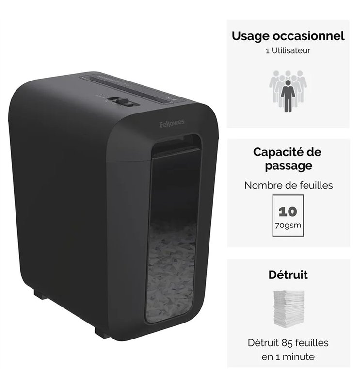 Fellowes PowerShred LX65 CRC44007 – Destructeur de documents Croise P-4/T-4 – 10 Feuilles – Corbeille 22L