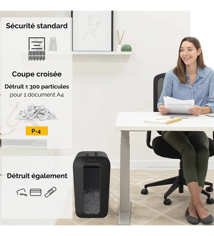 Fellowes PowerShred LX65 CRC44007 – Destructeur de documents Croise P-4/T-4 – 10 Feuilles – Corbeille 22L