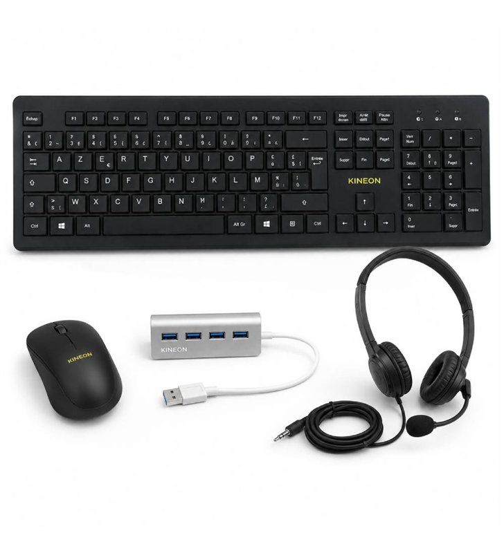 Pack Bureautique 5-en-1 Kineon 446959 – Casque, clavier, souris, tapis de souris et hub