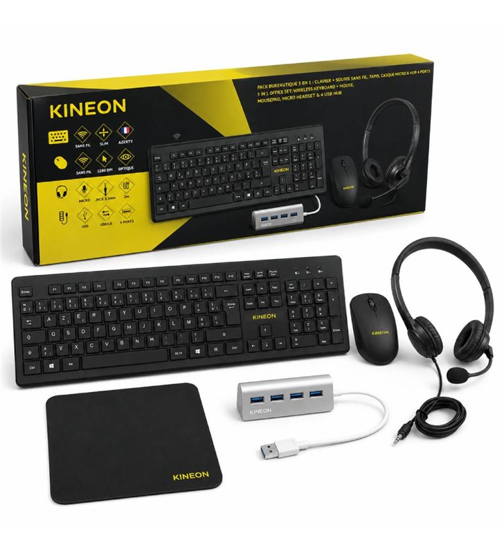 Pack Bureautique 5-en-1 Kineon 446959 – Casque, clavier, souris, tapis de souris et hub