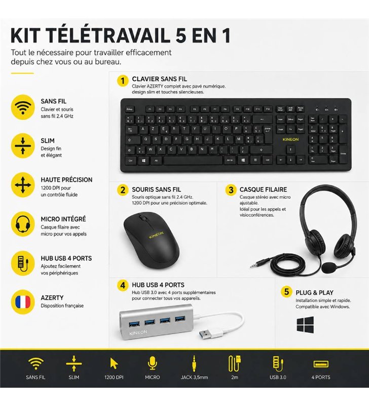 Pack Bureautique 5-en-1 Kineon 446959 – Casque, clavier, souris, tapis de souris et hub