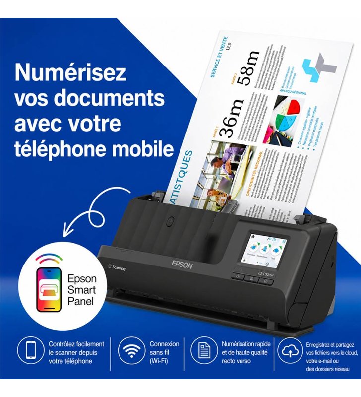 Epson WorkForce ES-C320W – Scanner Documents ADF Wi-Fi – 30 ppm Recto Verso OCR ScanSmart