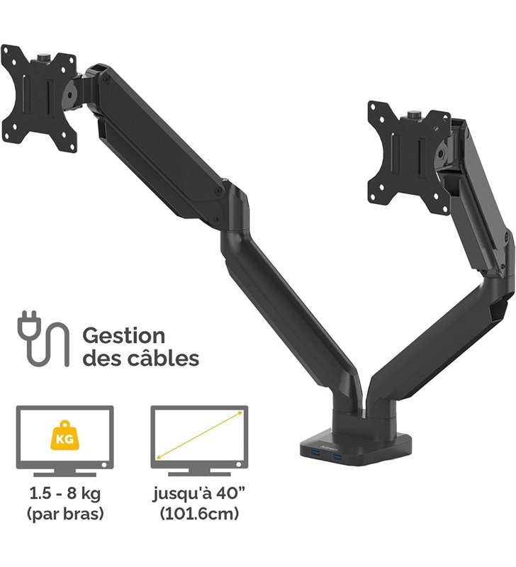 Fellowes CRC80425 – Bras Double Ecran Reglable – 2 Moniteurs Acier – VESA 75/100 – Gestion Cables