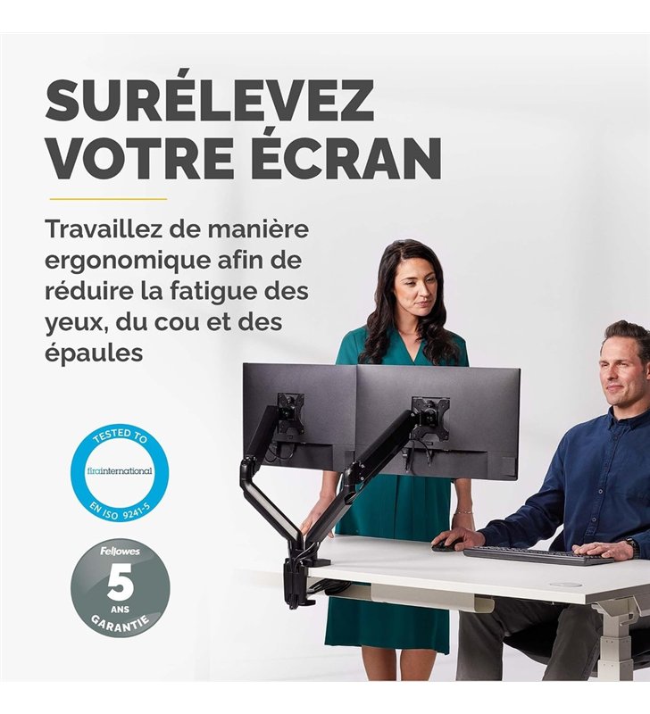 Fellowes CRC80425 – Bras Double Ecran Reglable – 2 Moniteurs Acier – VESA 75/100 – Gestion Cables