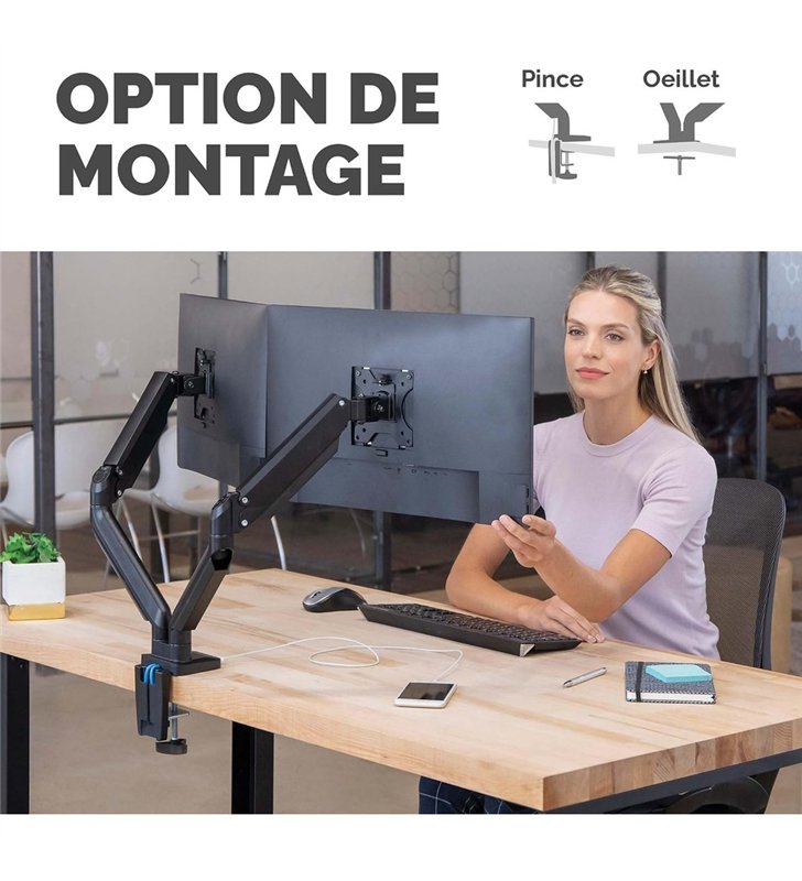 Fellowes CRC80425 – Bras Double Ecran Reglable – 2 Moniteurs Acier – VESA 75/100 – Gestion Cables