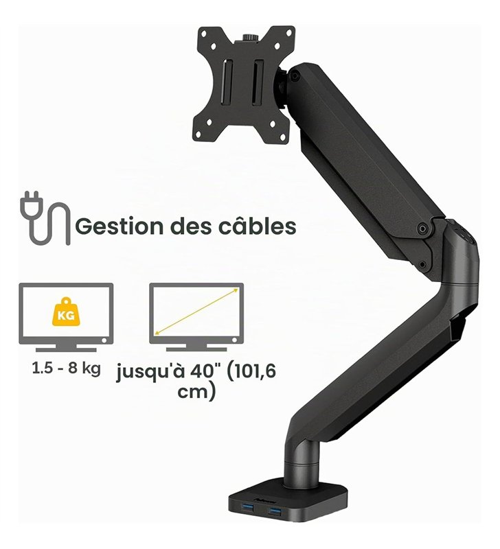 Fellowes CRC80433 – Bras Ecran Simple Reglable – Acier – VESA 75/100 – Gestion Cables – Bureau