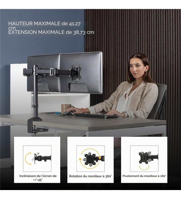Fellowes Reflex 85026 – Bras Double Ecran 2x27 Pouces Independants – Acier – VESA 75/100
