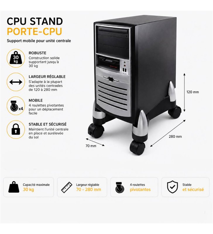 Fellowes CRC80390 – Porte-CPU Reglable 4 Roulettes Plate-forme Pivotante – Tours ATX Midi-Tour