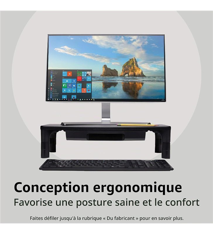 Kensington – Rehausseur Ecran avec Tiroir Coulissant – Support Metal – Rangement Integre Bureau
