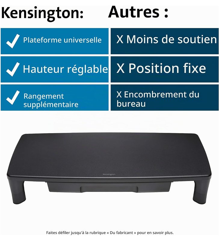 Kensington – Rehausseur Ecran avec Tiroir Coulissant – Support Metal – Rangement Integre Bureau