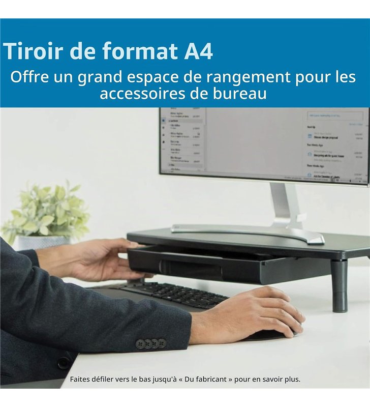 Kensington – Rehausseur Ecran avec Tiroir Coulissant – Support Metal – Rangement Integre Bureau