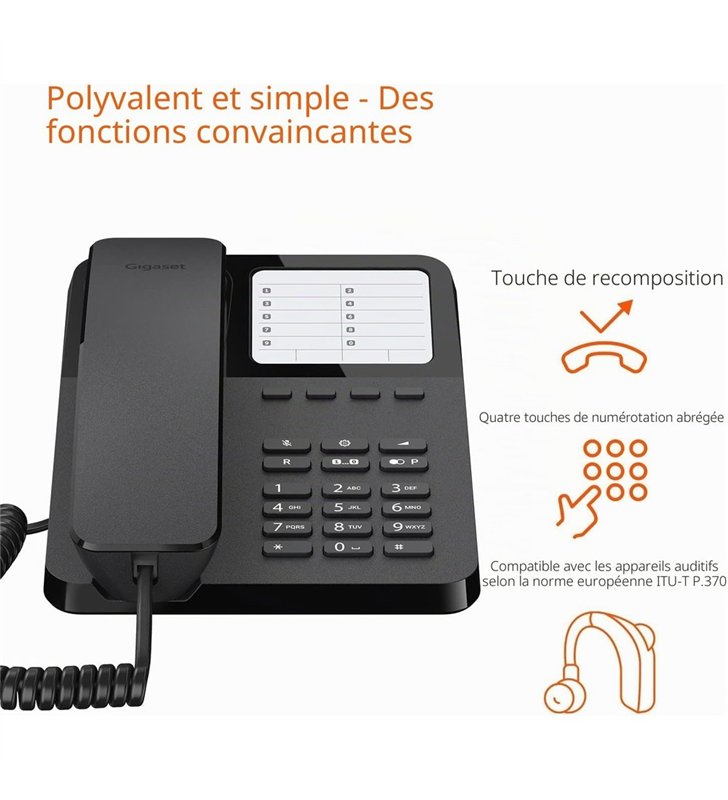 Gigaset DESK 400 Noir – Telephone Filaire Bureau LCD Mains-Libres – 100 Contacts – PABX RJ-11