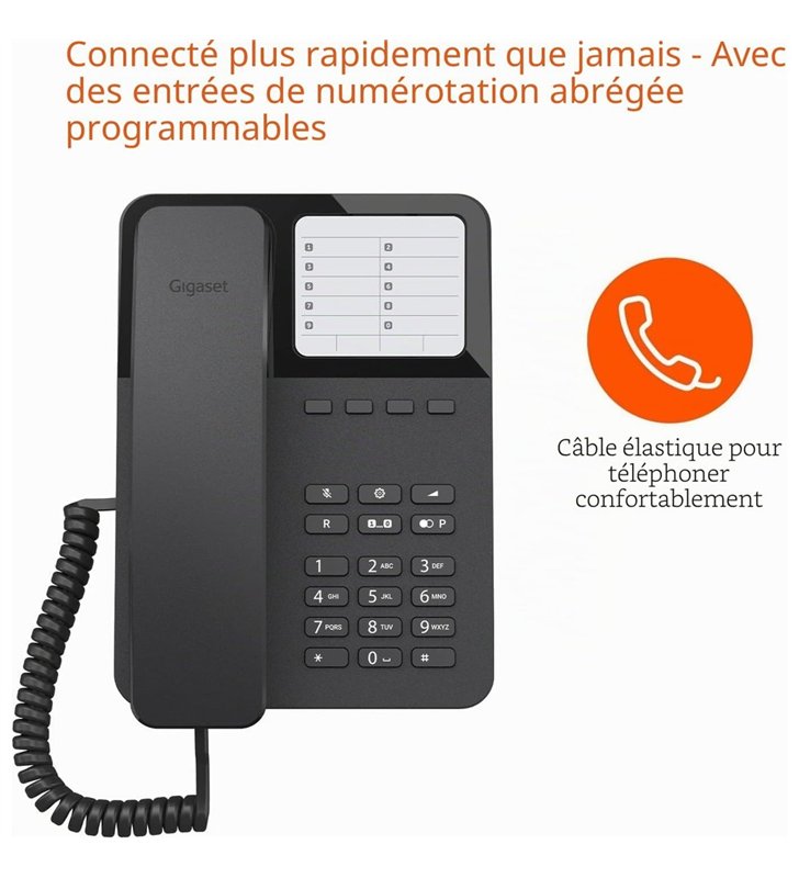 Gigaset DESK 400 Noir – Telephone Filaire Bureau LCD Mains-Libres – 100 Contacts – PABX RJ-11