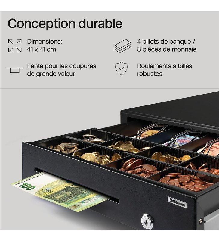 Safescan SD-4141 – Tiroir-Caisse Standard 410x415mm – Acier – RJ-12 – 4 Billets 8 Pieces – 3 Ans
