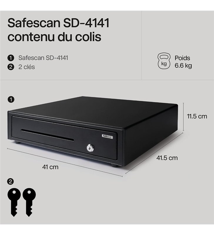 Safescan SD-4141 – Tiroir-Caisse Standard 410x415mm – Acier – RJ-12 – 4 Billets 8 Pieces – 3 Ans