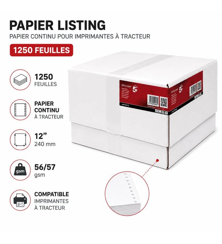 Papier Listing 581432 – 1250 Paravents 240x12'' 1 Pli Blanc 56g Bande Caroll Fixe